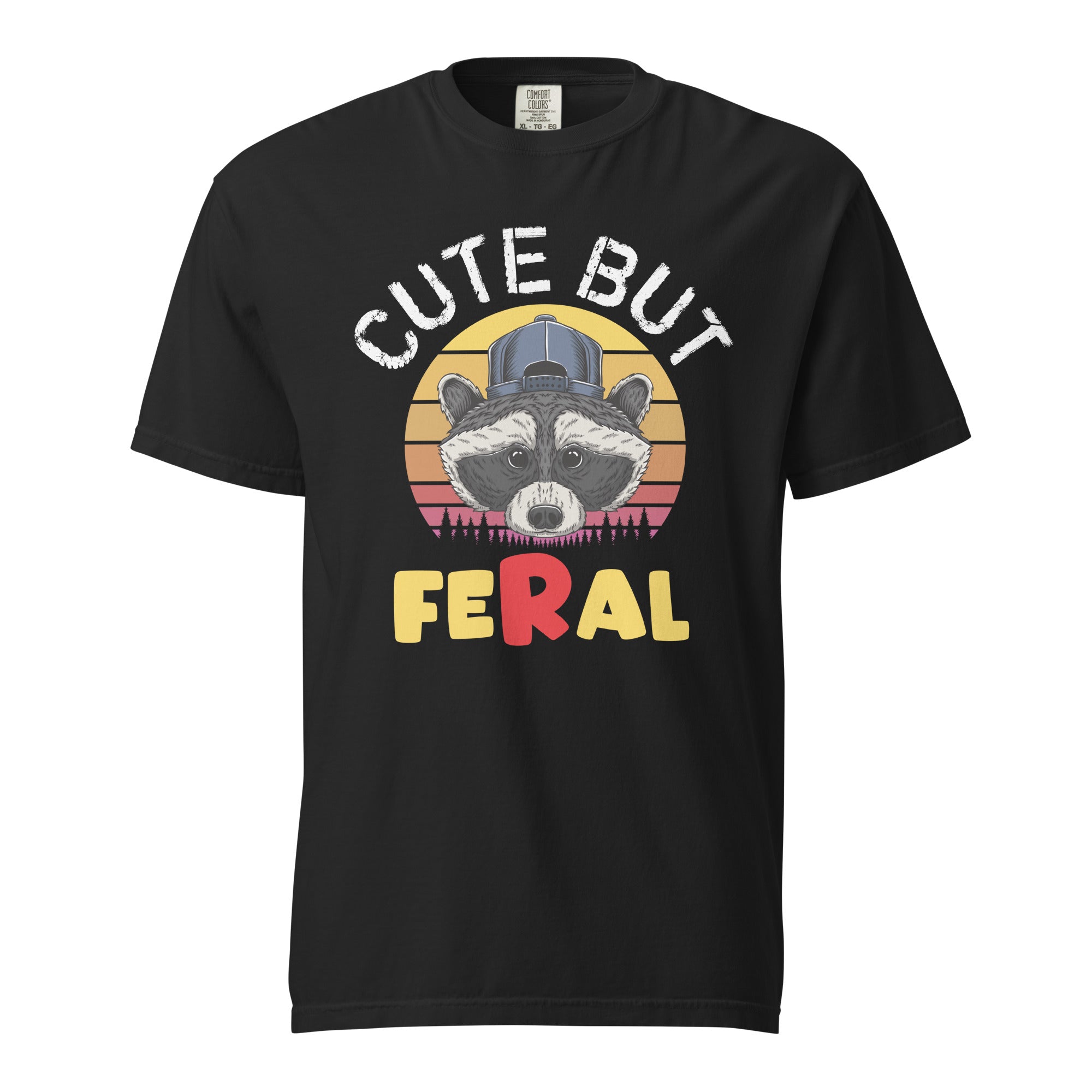 cute-but-feral-funny-colorful-racoon-with-sunglasses-racoon-unisex-garment-dyed-heavyweight-t-shirt